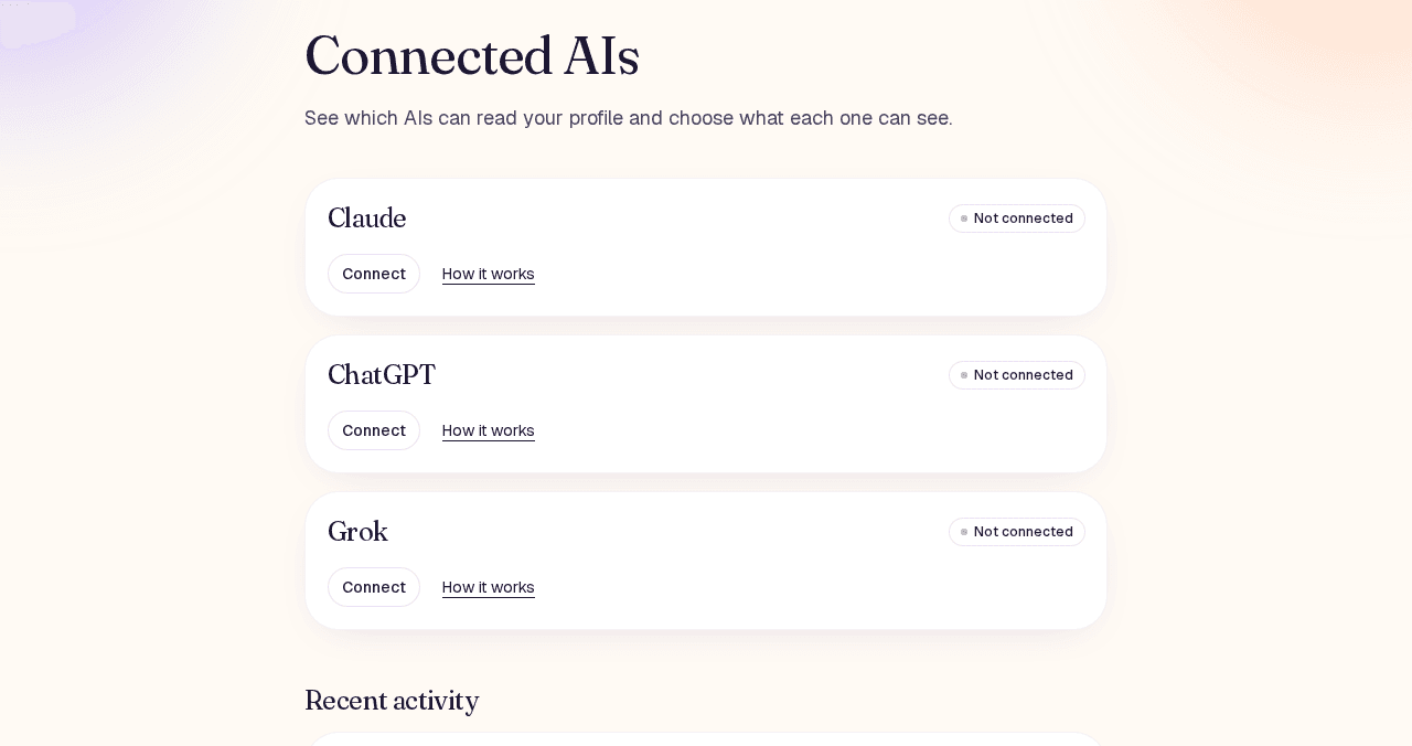 The Connected AIs page with one card per AI