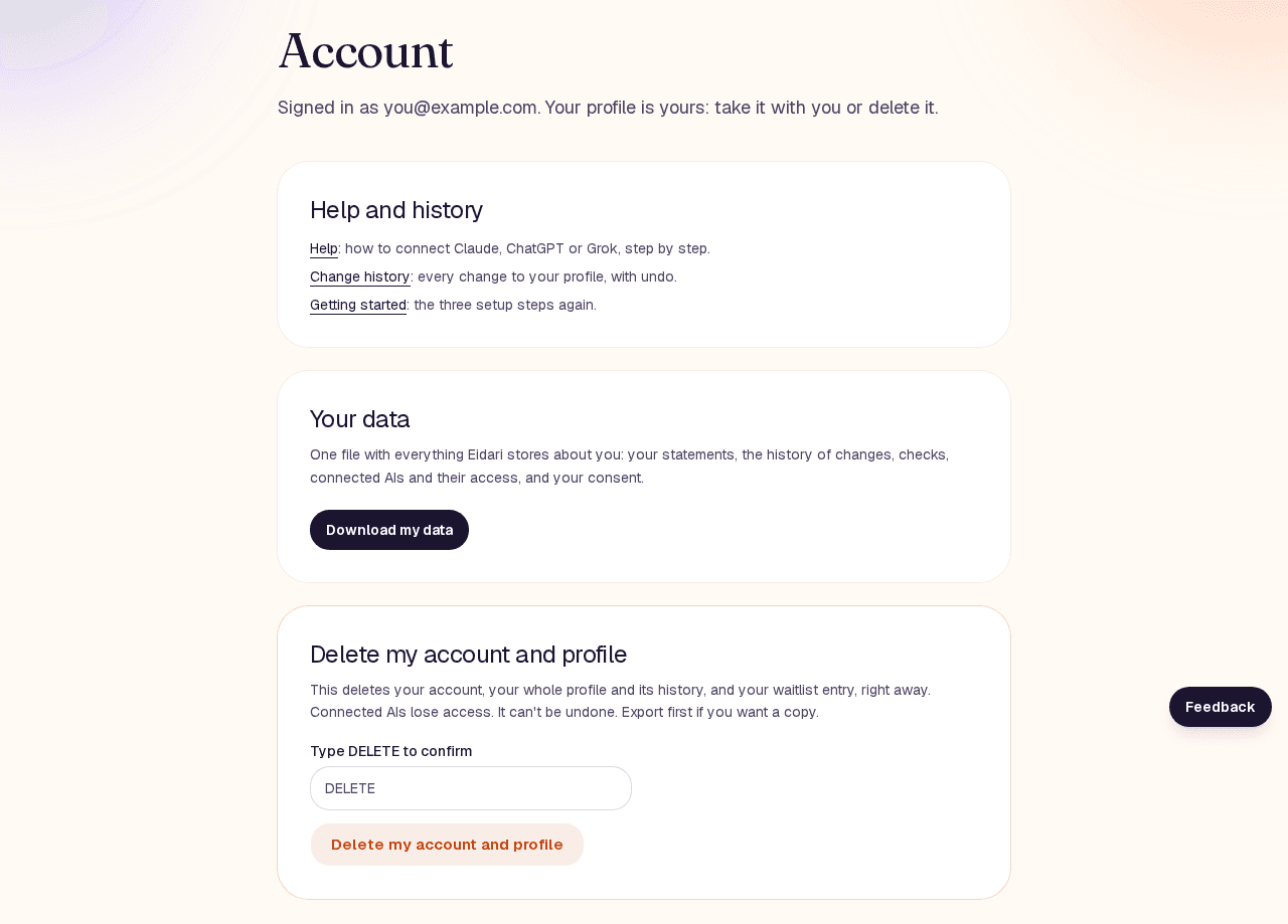 The Account page with Download my data and Delete my account and profile