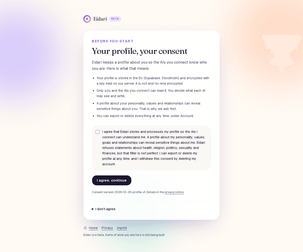 The consent page that Eidari shows once before you start