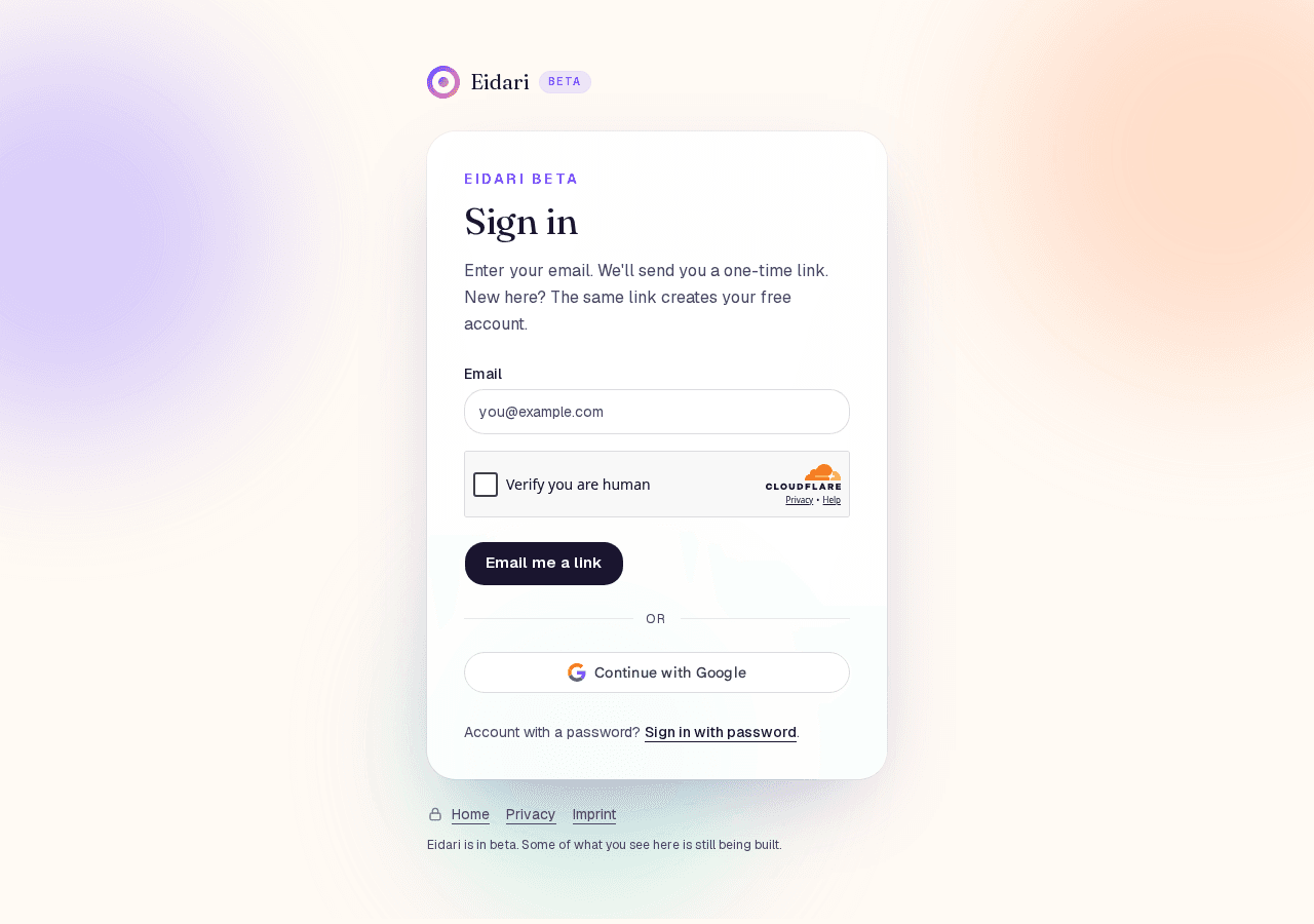 The Eidari sign-in page with an email field and the button Email me a link