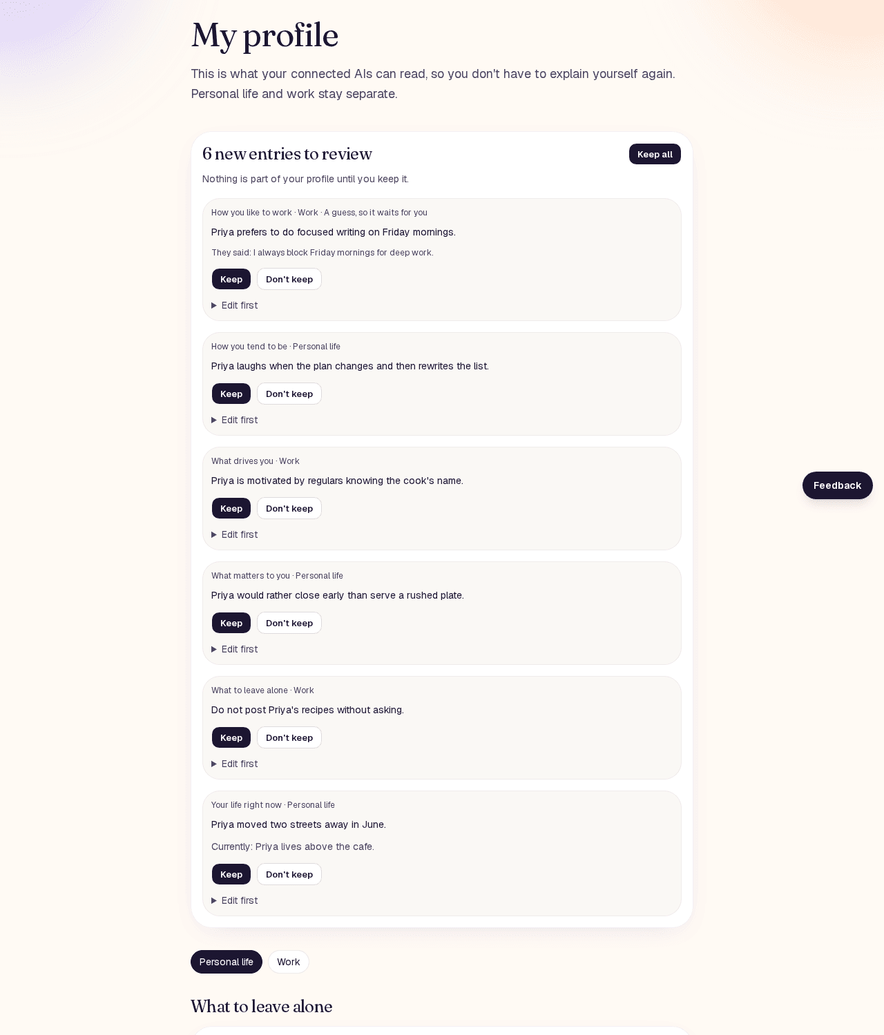 New entries waiting on My profile, each with Keep, Don't keep and Edit first