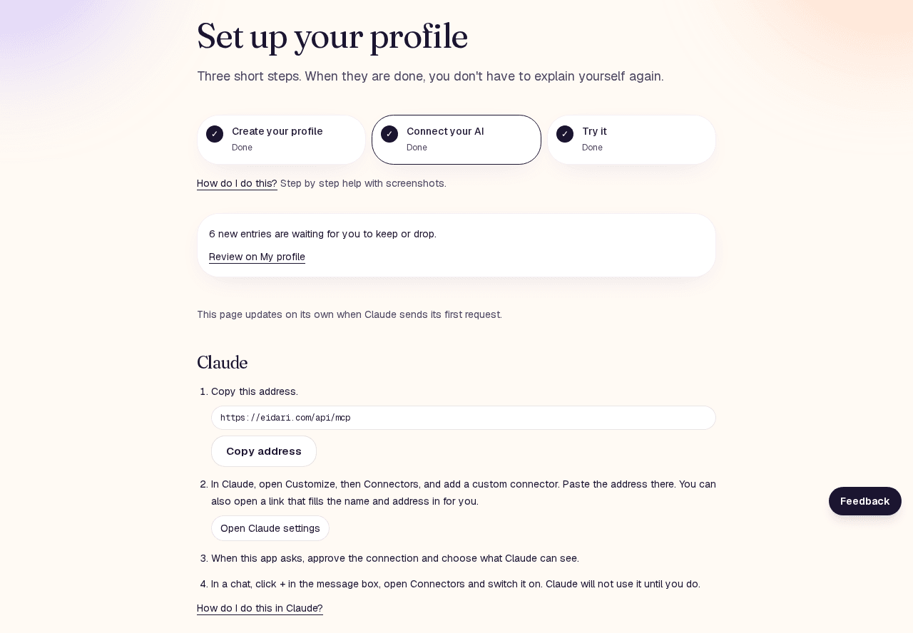 Setup step 2, Connect your AI, with the connector address and the Copy address button