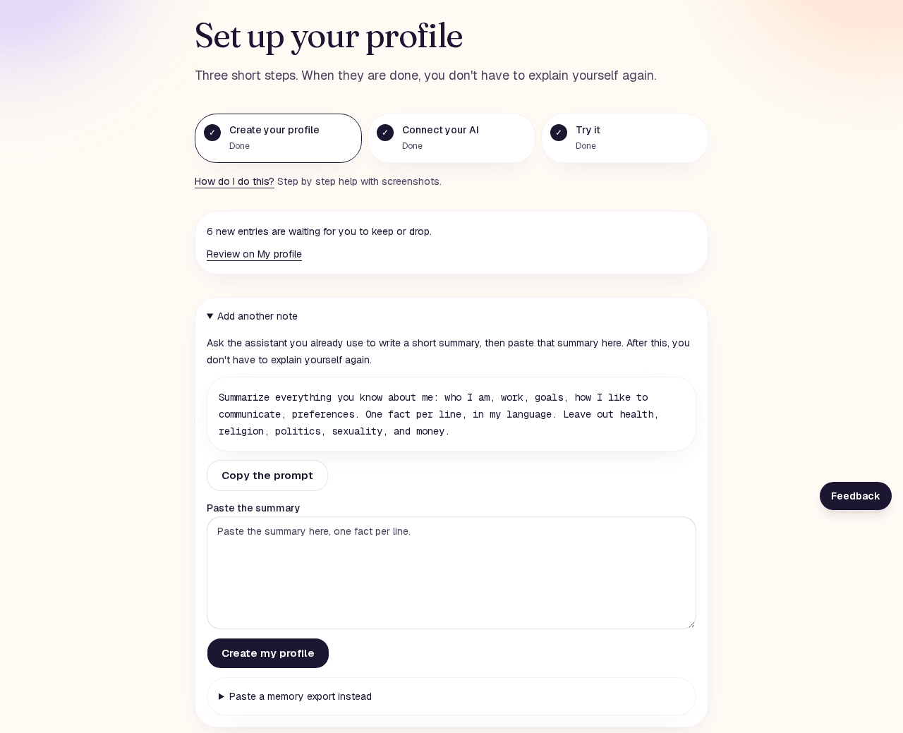 Setup step 1, Create your profile, with the prompt to copy and the box to paste the summary