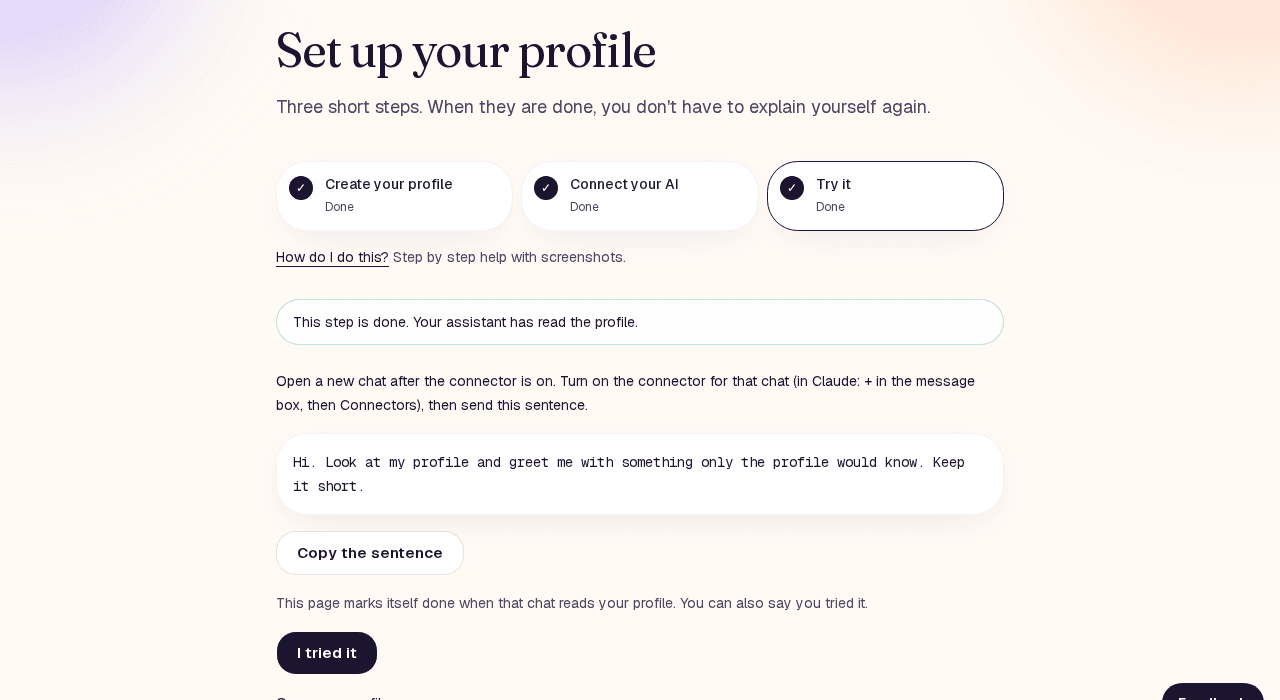 Setup step 3, Try it, with the first sentence to send and the I tried it button